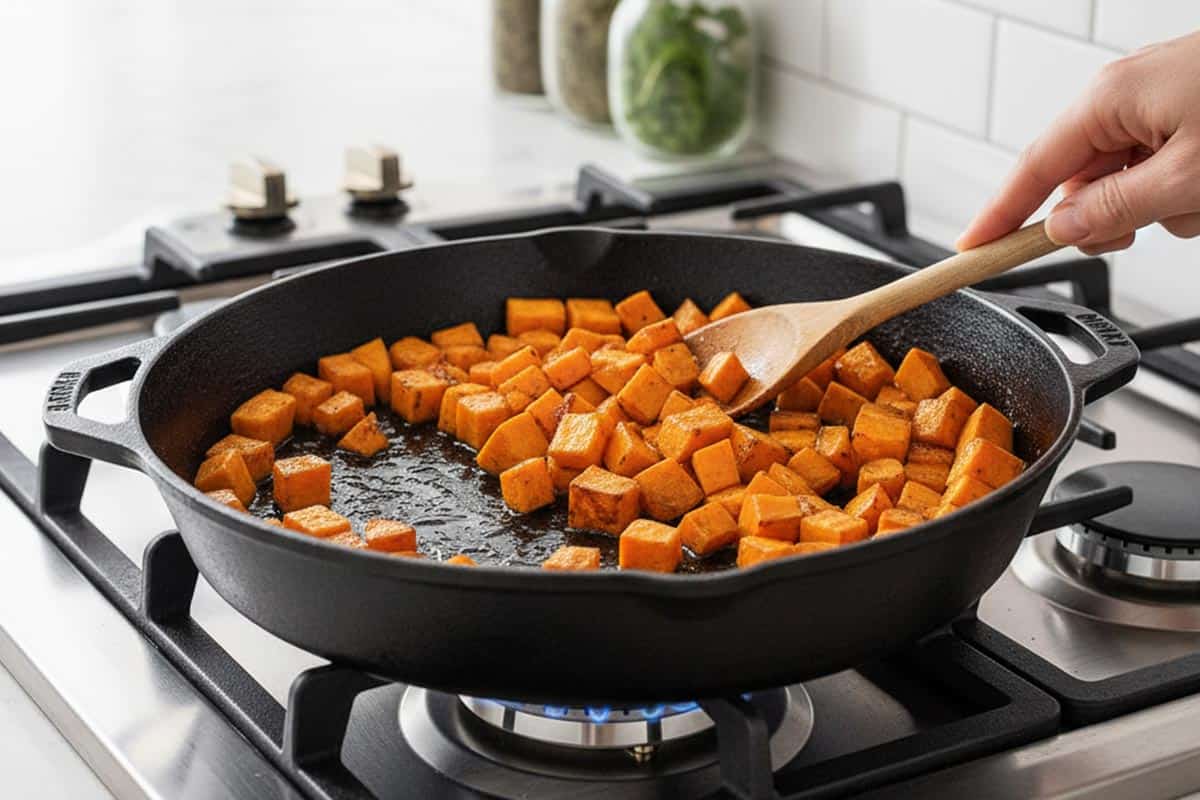 Cooking the sweet potatoes.