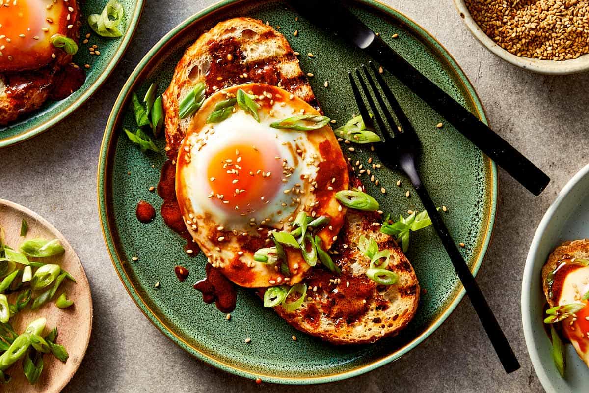 Top overview of Teriyaki Poached egg ready in a toast