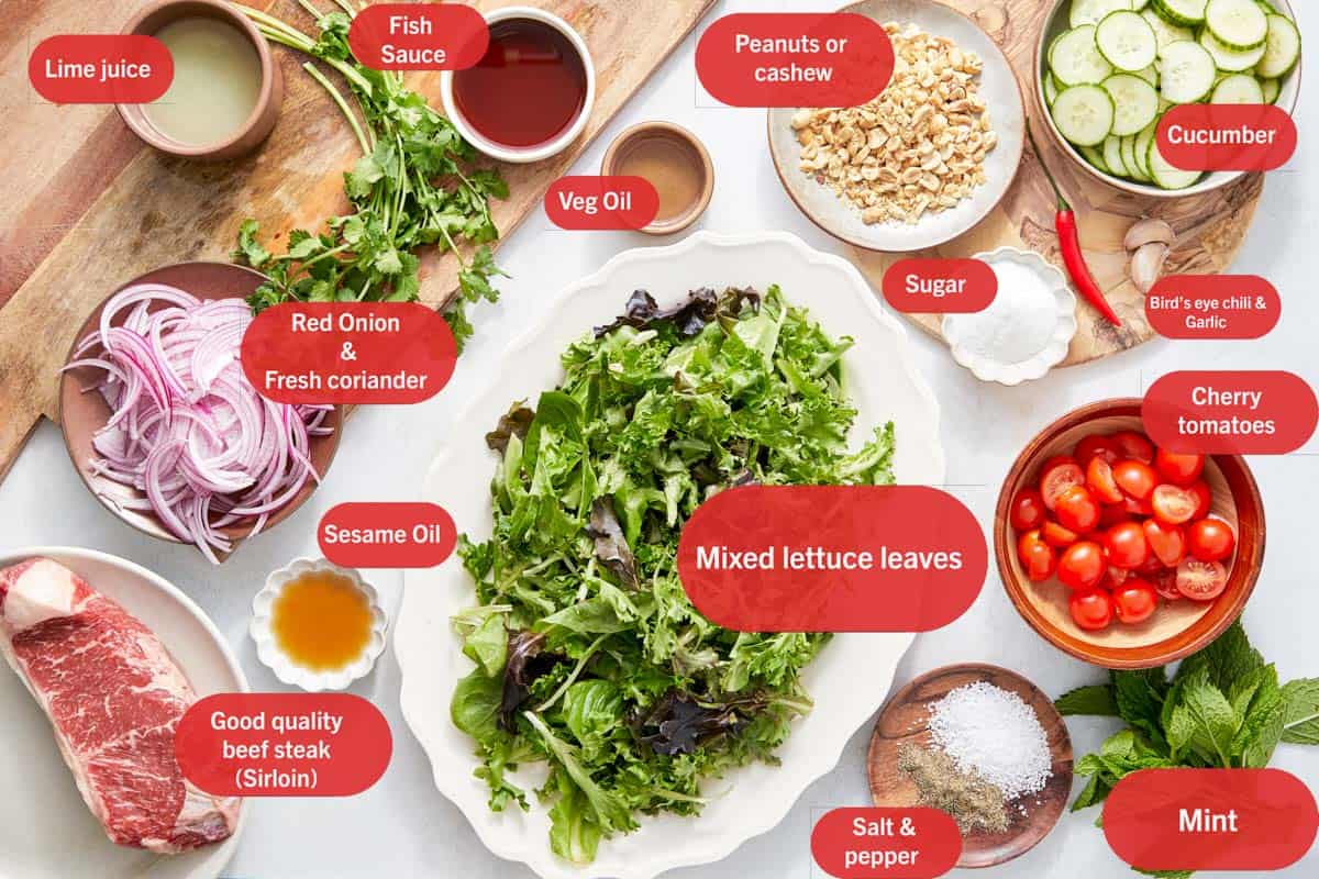 Overhead of Thai beef salad ingredients.