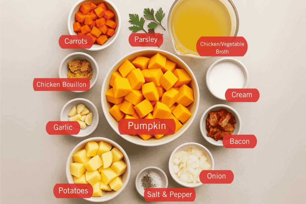 Creamy pumpkin soup ingredients which are carrots, parsley, chicken/vegetable broth, chicken bouillon, garlic, pumpkin, potatoes, salt and pepper, onion, bacon, and cream