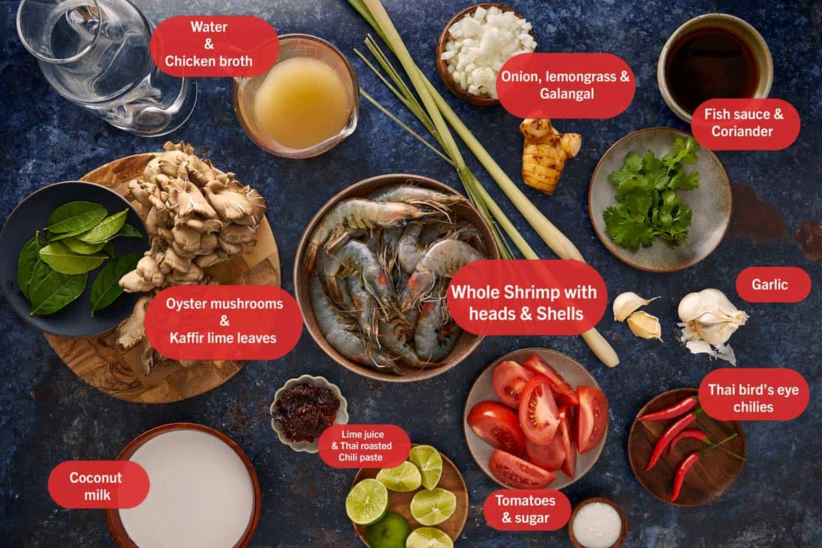 Overhead view of ingredients for Tom Yum Kha soup, arranged on a dark blue surface.