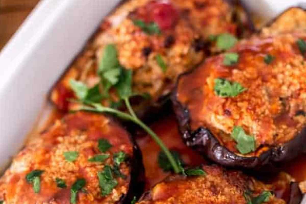 Close-up shot of Baked Eggplant with Ground Beef.