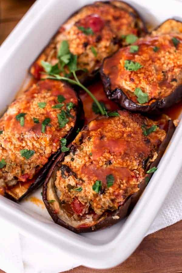 Top view image of Beef Stuffed Eggplants on a plate