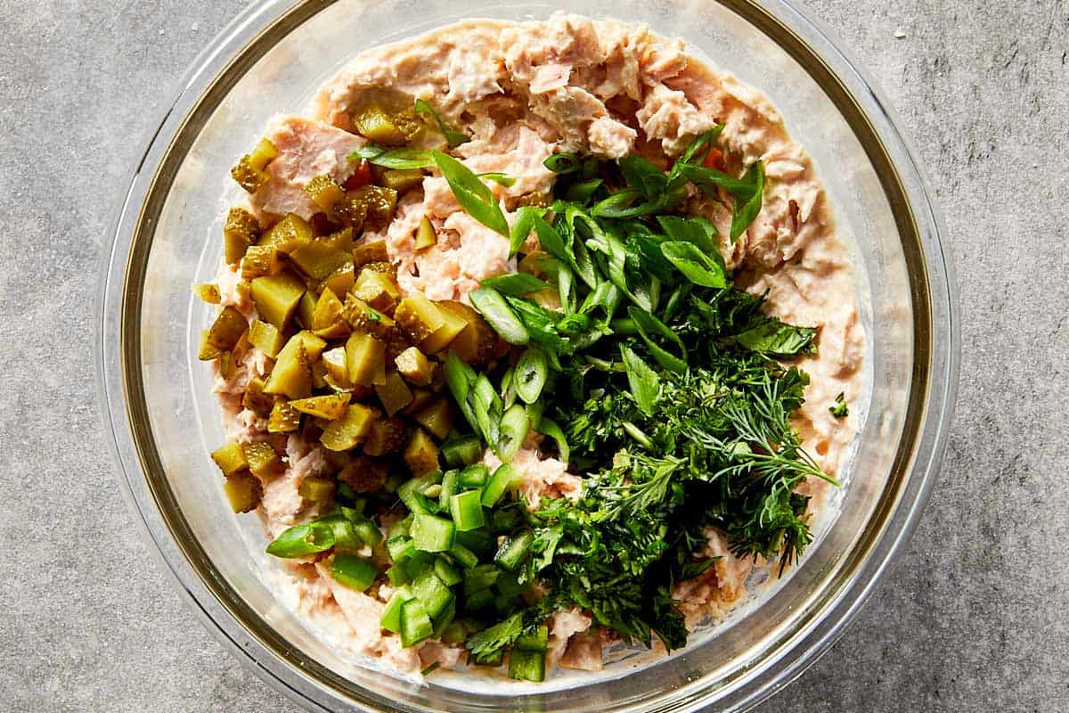 chopped pickles jalapeño herbs and green onion added to tuna