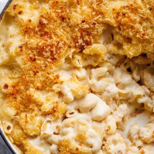 Garlic Parmesan Mac And Cheese is better than the original! A creamy garlic parmesan cheese sauce coats your macaroni, topped with parmesan fried bread crumbs, while saving some calories! |