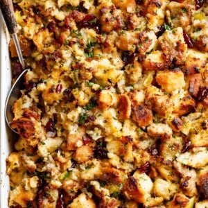 Sausage & Herb Stuffing Recipe is FULLY STUFFED with so much flavor, and good for serving as a Thanksgiving side with gravy!