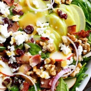 Honey Dijon Apple Bacon Cranberry Salad screams Cranberries, Spinach, Walnuts And BACON! All drizzled with the most good Honey Dijon Dressing!