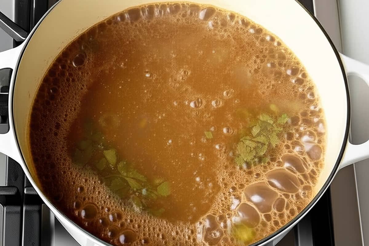 Boiling stock with jalapeños, cilantro, cumin, and oregano in a pot.