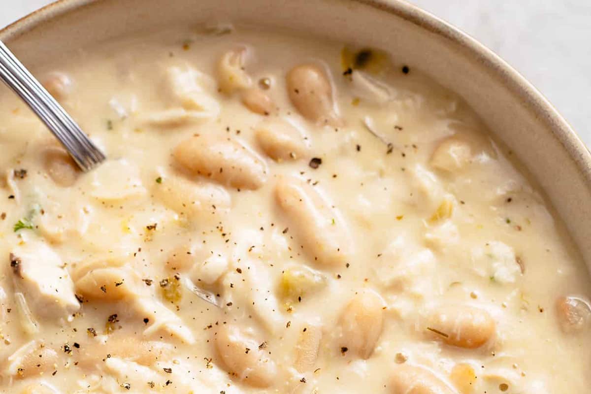 Close-up shot of White Turkey Chili.