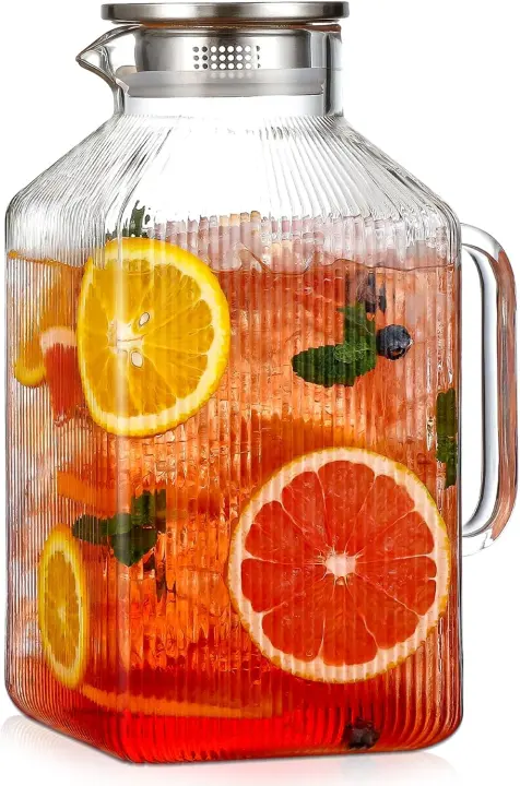 1-Gallon Square Striped Glass Pitcher with Lid