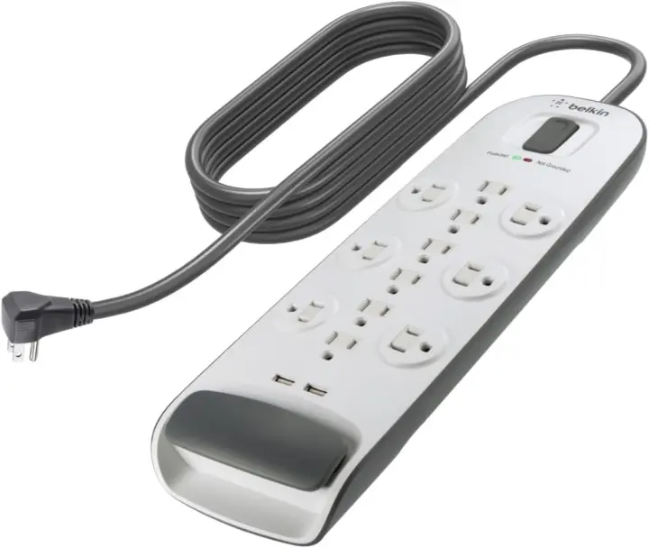 12-Outlet Surge Protector Power Strip with 2 USB Ports — 6 ft Flat Plug