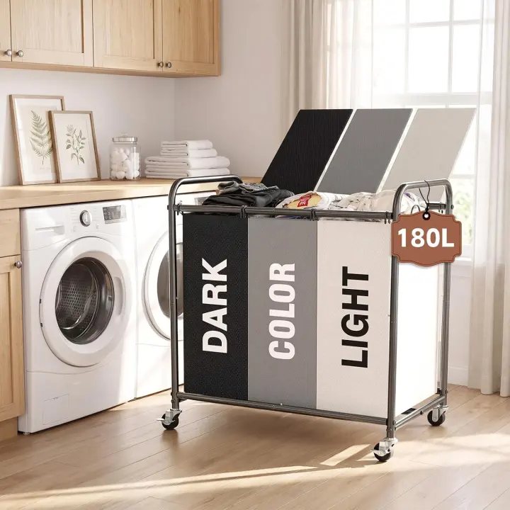 180L Rolling 3-Section Laundry Hamper — 3 x 60L Removable Bags