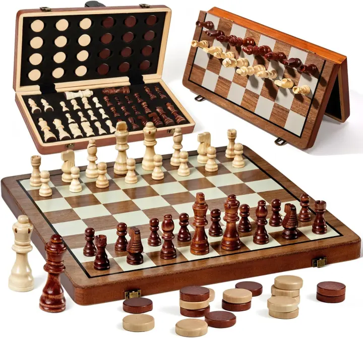 2-in-1 Magnetic Wooden Chess & Checkers Set — 15-inch Foldable Board
