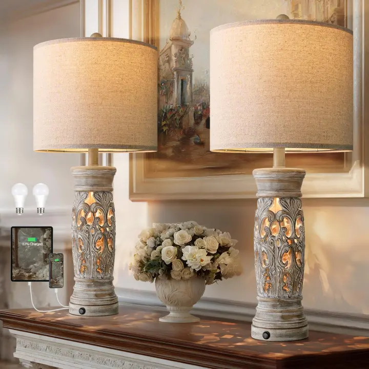27.25" Farmhouse Table Lamps Pair with Night Light & USB-A/C Ports