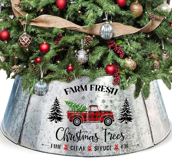 29-inch Metal Christmas Tree Collar with Truck Motif — Large Tree Base