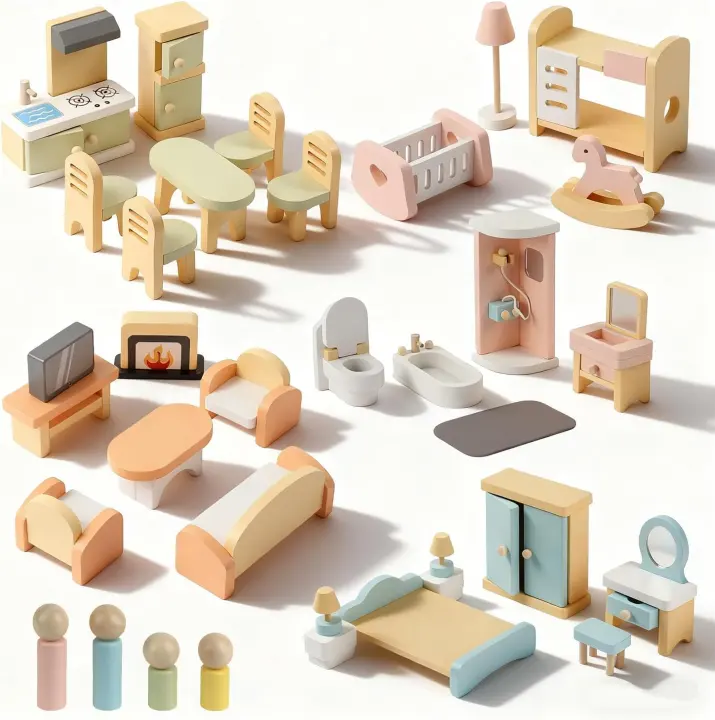 35-Piece Wooden Dollhouse Furniture Playset with Dolls