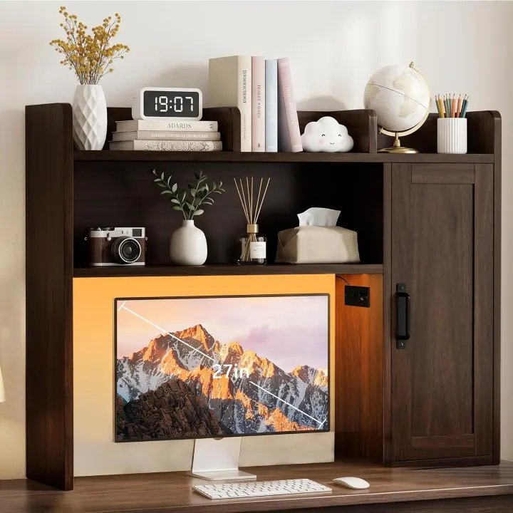 37" Desk Hutch Bookshelf with RGB LEDs & Power Outlets — Desktop Organizer for 27" Monitor