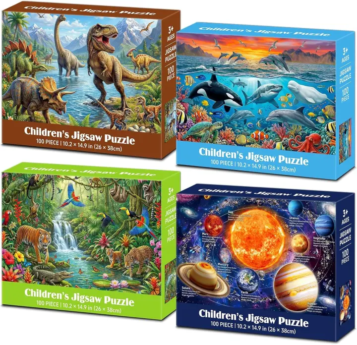 4-Pack 100-Piece Kids Jigsaw Puzzles — Dinosaurs, Ocean, Jungle, Space