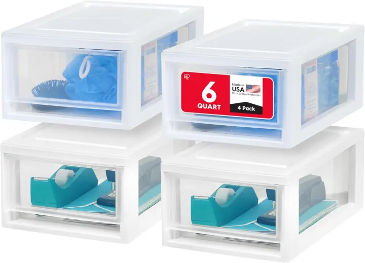 4-Pack 6 Qt. Small Stacking Drawer Organizer — White Plastic Storage