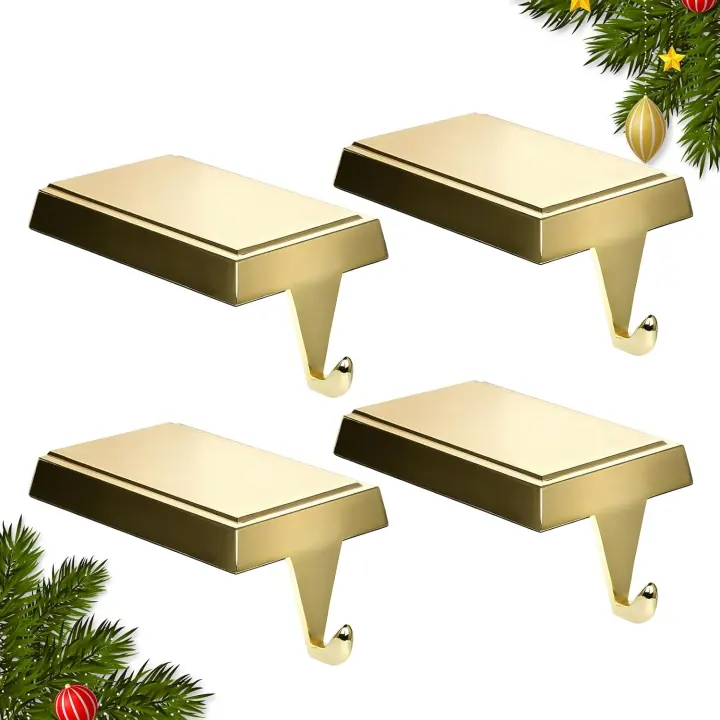 4-Pack Weighted Metal Stocking Holders for Mantel — Gold Accent