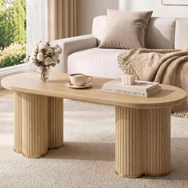 47in Oval Fluted Wood Coffee Table — Oak Finish