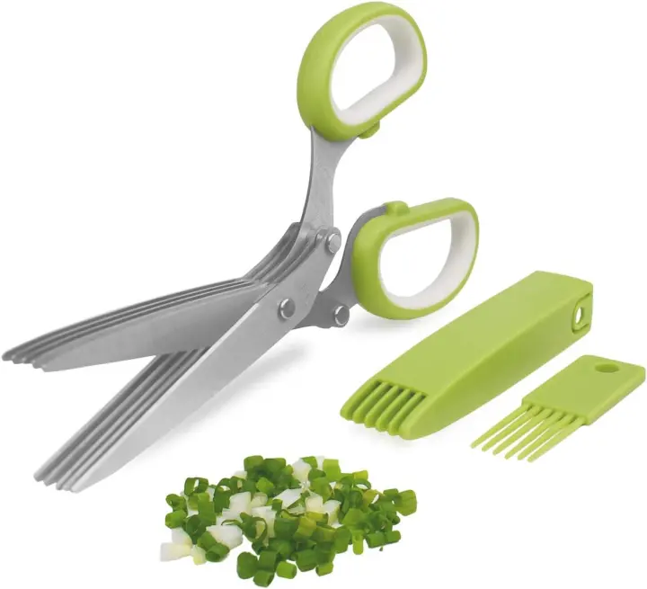 5-Blade Herb Snip Scissors with Cover & Cleaning Comb — Green