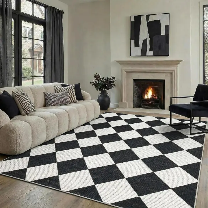 5x7 Black & White Checkered Area Rug — Washable Low-Pile Living Room Rug