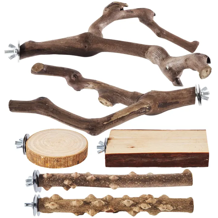 6-Piece Natural Wooden Bird Perch Set — Sticks, Forks & Platforms for Small Parrots