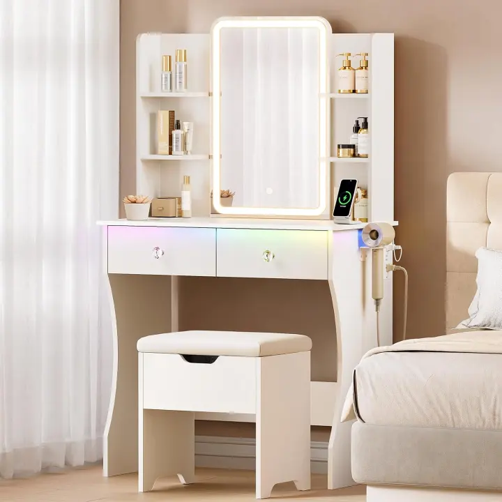 ARONELE LED Makeup Vanity Desk with RGB Lighting, Mirror & Stool, White