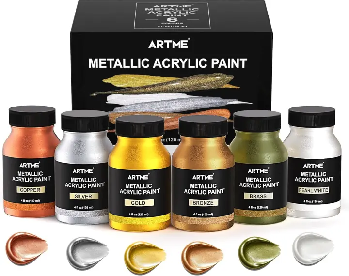 ARTME Metallic Acrylic Paints — 6 Metallic Shades in 4 oz Bottles