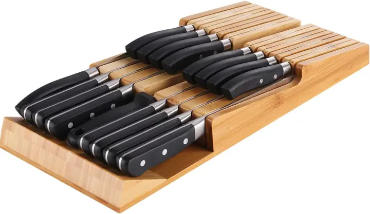 Bamboo In-Drawer Knife Block Organizer — 16-Slot Removable Insert