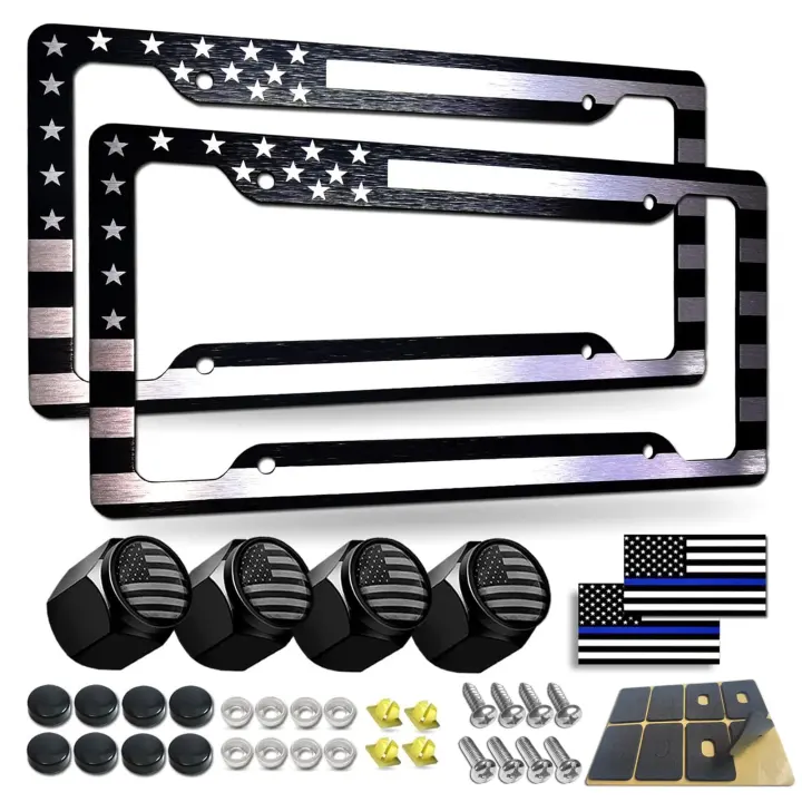 Black American Flag License Plate Frames — 2-Pack Front & Rear Aluminum