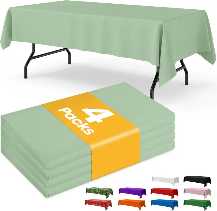 Disposable Sage Green Plastic Tablecloths — 4-Pack 54 x 108 in Rectangle