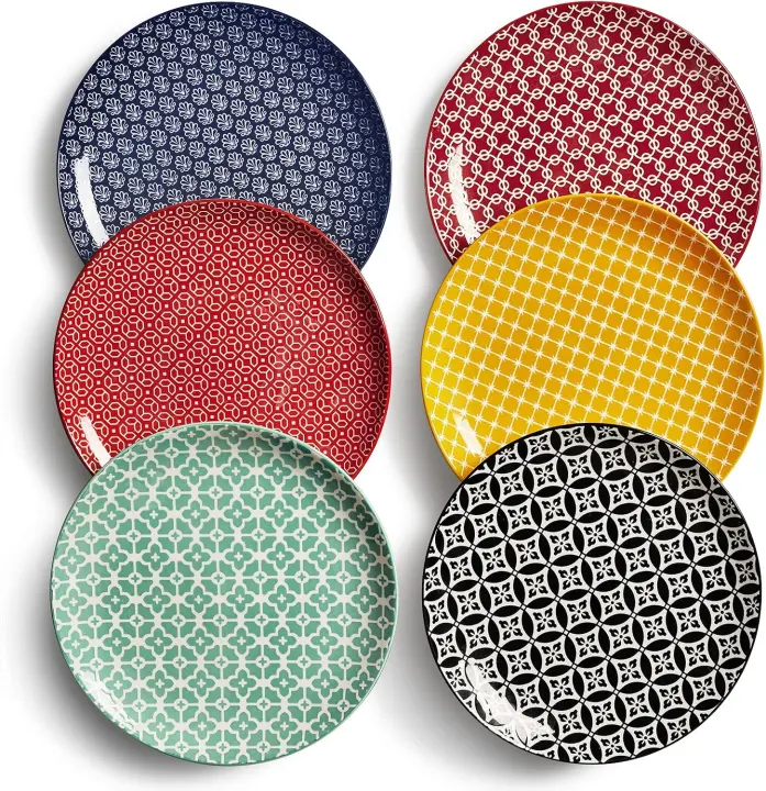 DOWAN 8.5" Ceramic Salad Plates — Set of 6, Colorful Geometric Designs