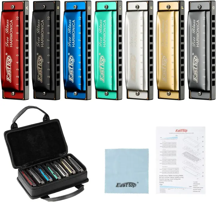 East Top 7-Key Diatonic Harmonica Set — Professional 10-Hole Mouth Organs
