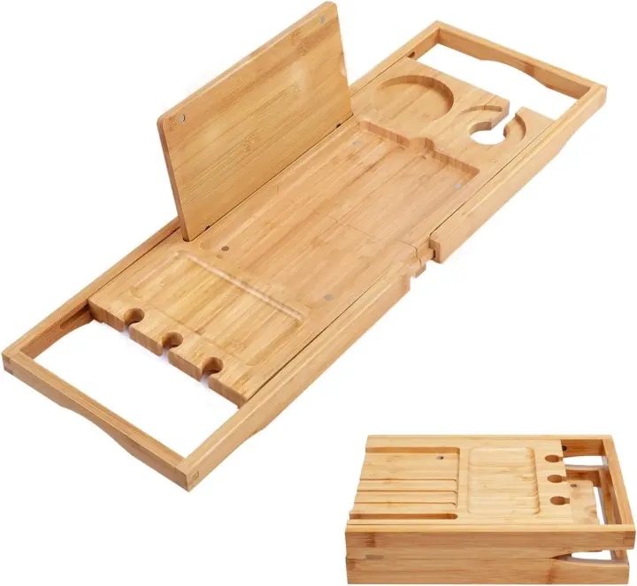 Expandable Bamboo Bathtub Tray Caddy with Tablet & Glass Holder