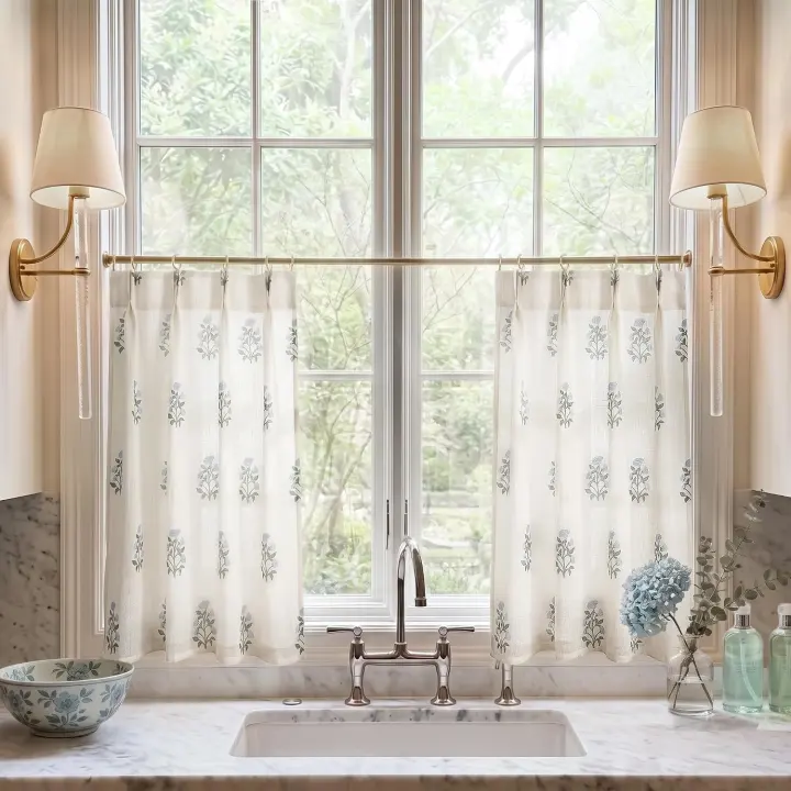 Floral Cafe Curtain Tiers — 24-Inch Pinch-Pleat Linen-Blend (Set of 2)