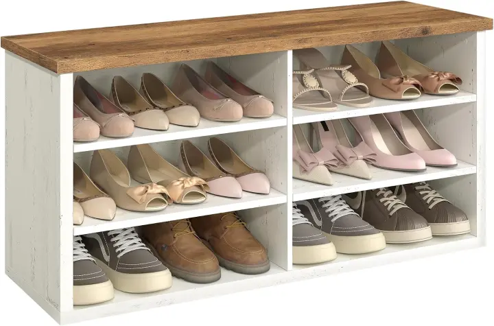 ISLA Entryway Shoe Bench with 6-Compartment Storage — Rustic White & Honey Brown