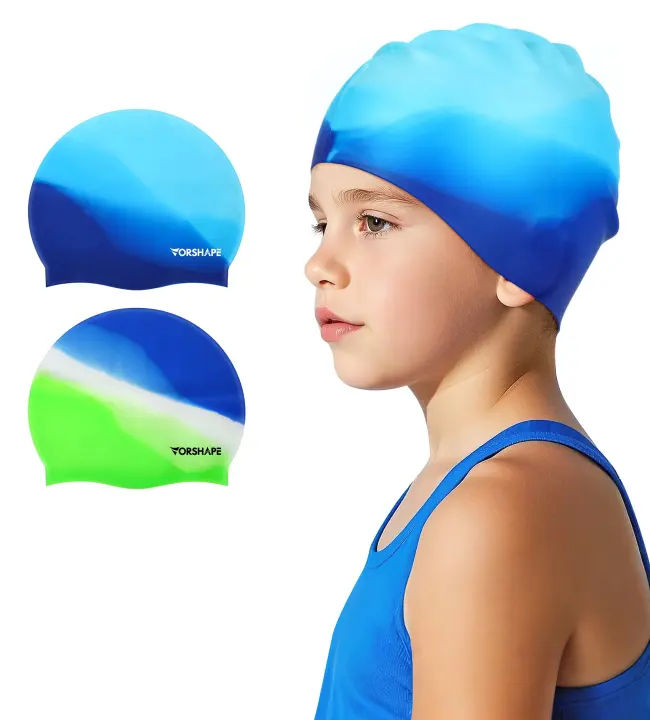 Kids Silicone Swim Caps — 2-Pack, Waterproof Caps for Ages 3–15
