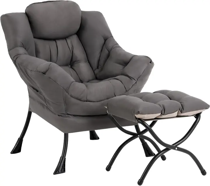 Lazy Lounge Chair with Ottoman - Foldable Footrest, Dark Grey