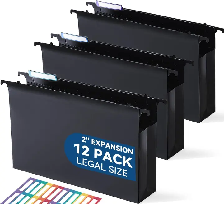 Legal Hanging File Folders — 2in Expansion, Black Plastic