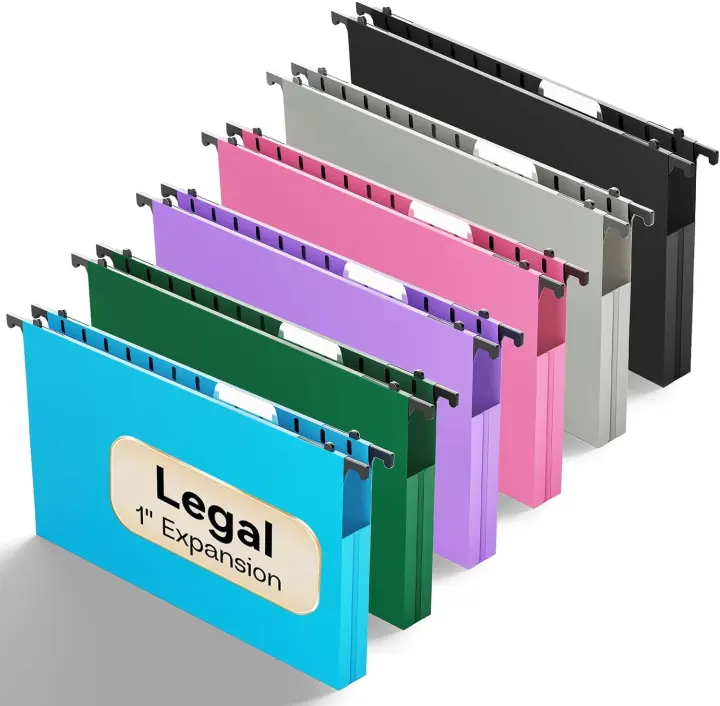 Legal-Size Plastic Hanging File Folders — 12-Pack, 1" Expandable