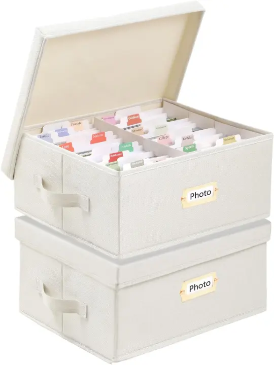Linen Photo Storage Boxes — 2-Pack Organizer for 4x6 Prints