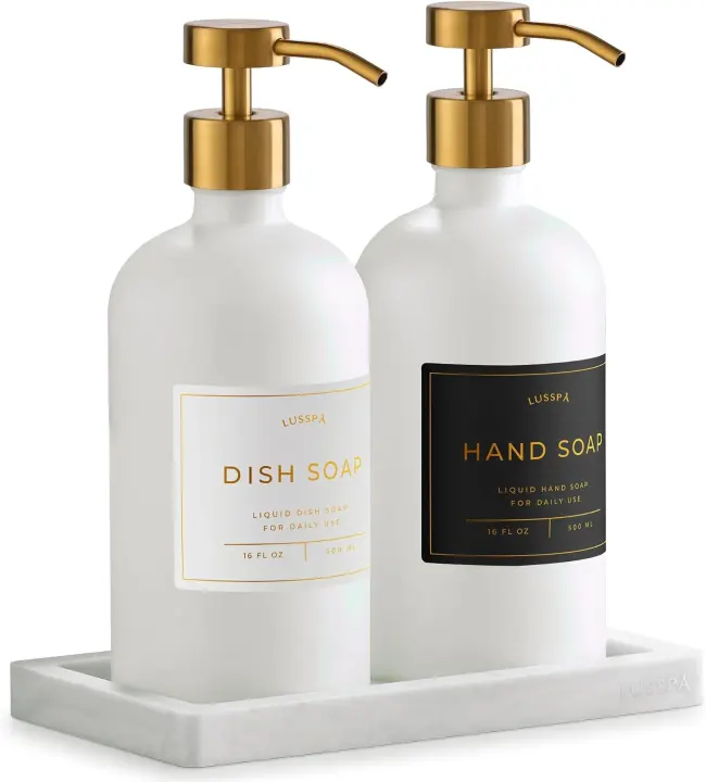 Matte White Glass Soap Dispenser Duo — 16.8 oz with Gold Pumps