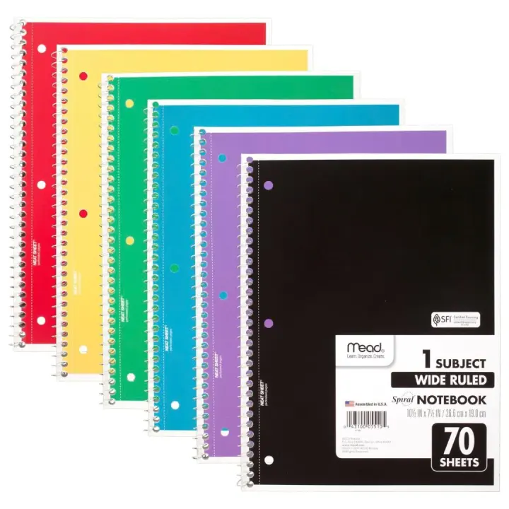 Mead 1-Subject Spiral Notebooks — 6-Pack, Wide-Ruled 7.5" x 10.5"