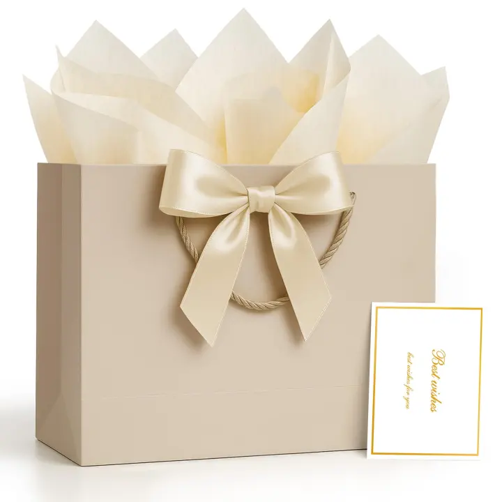 Medium Champagne Beige Gift Bag Set with Ribbon, Card & Tissue (1-Pack)