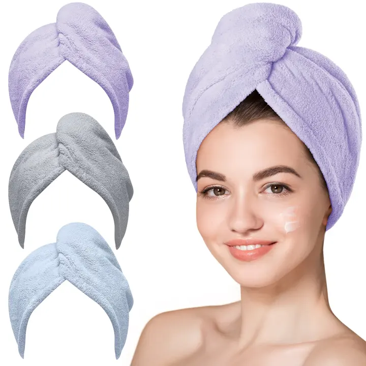 Microfiber Hair Towel Wrap for Women — 3-Pack (Purple, Blue, Grey)