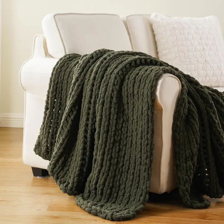 Olive Green Chunky Knit Throw Blanket — 50 x 60 Couch Throw