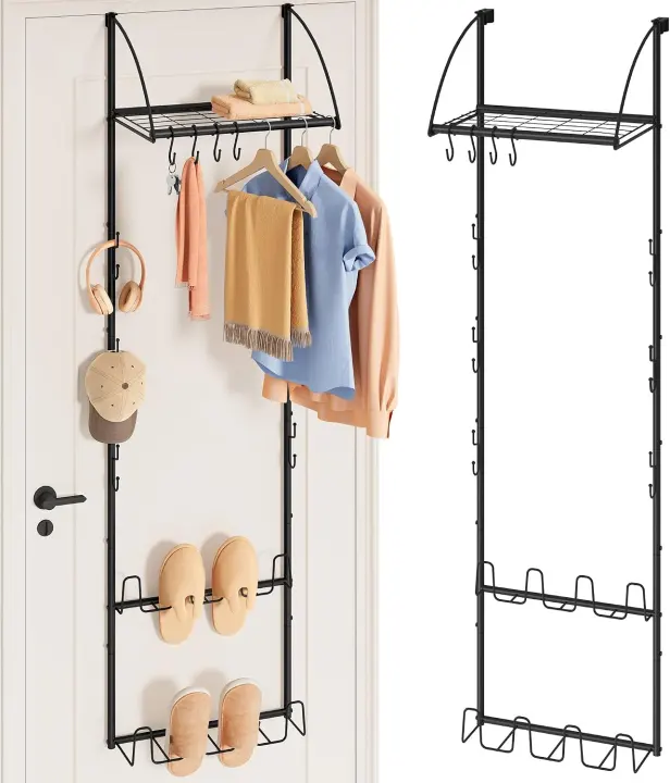 Over-the-Door 3-in-1 Organizer — 65-inch Black with Hooks & Shoe Rack