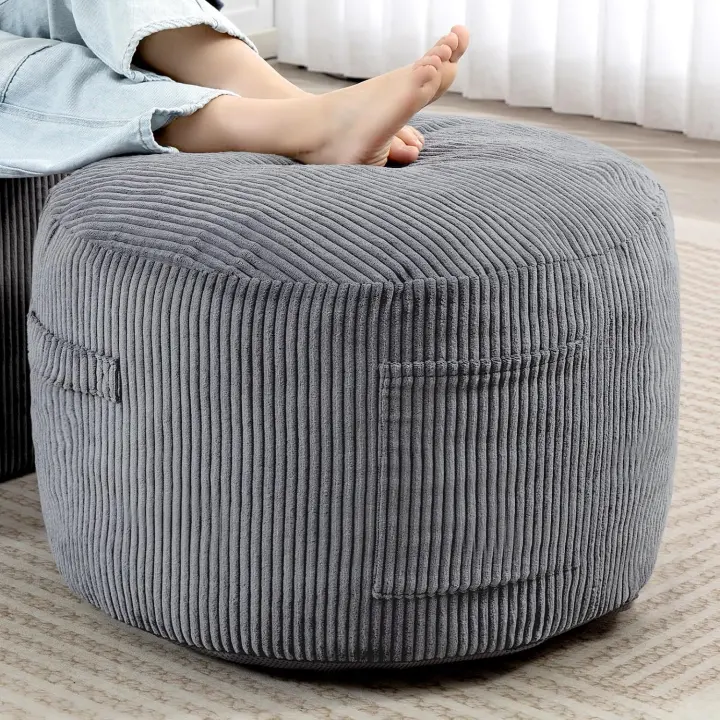 Round Corduroy Pouf Ottoman — 26in D x 26in W x 18in H